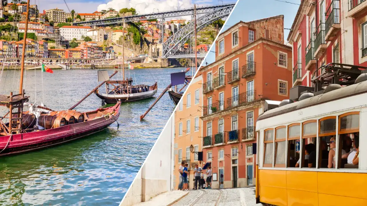 Bateaux traditionnels sur le Douro à Porto, et tramway jaune iconique à Lisbonne. Deux villes portugaises pleines de charme.