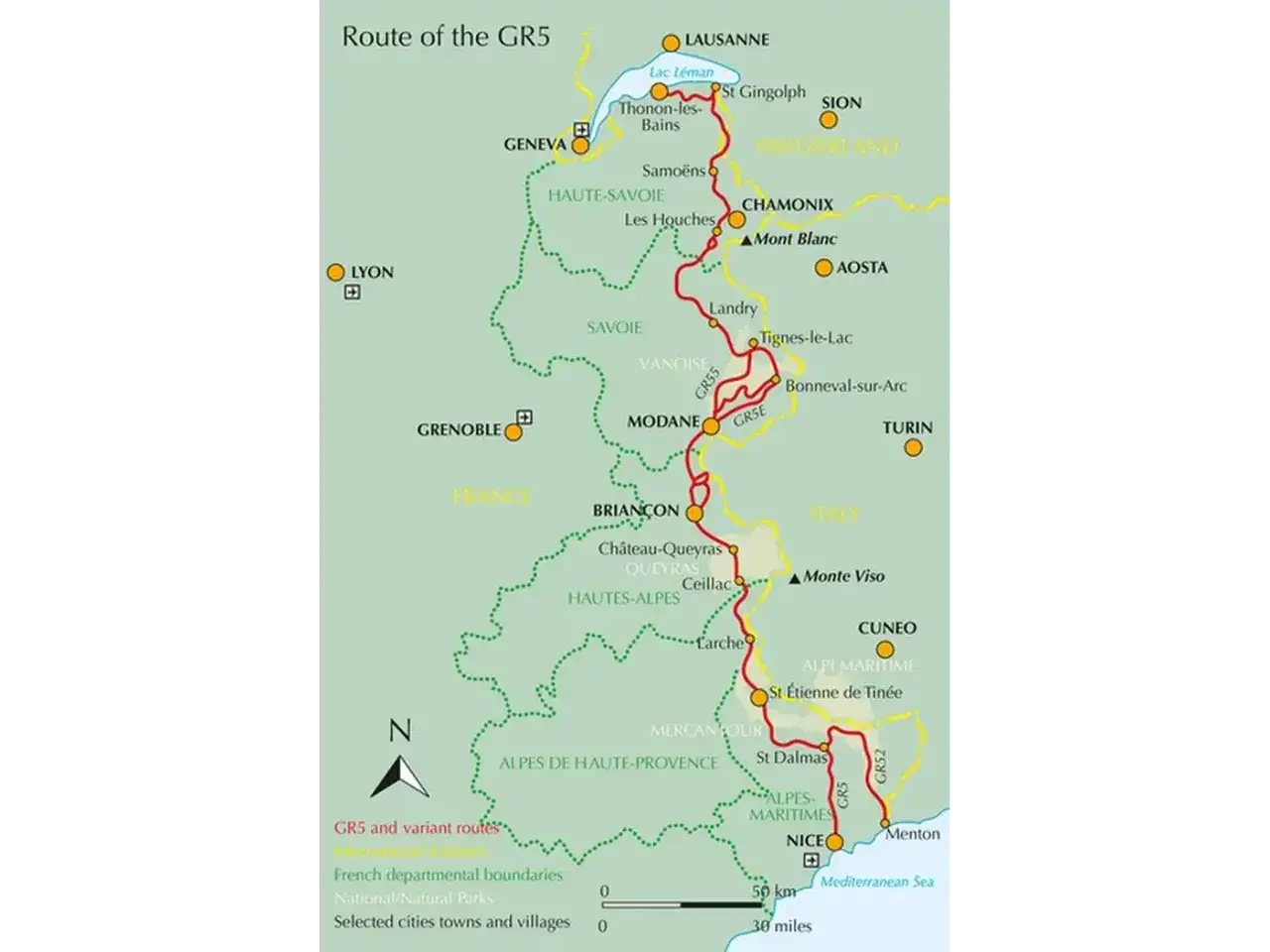 Carte du gr5 itin&eacute;raire complet, traversant la France, la Suisse et l'Italie, de Lausanne &agrave; Menton, passant par Gen&egrave;ve, Chamonix, Brian&ccedil;on et Nice.