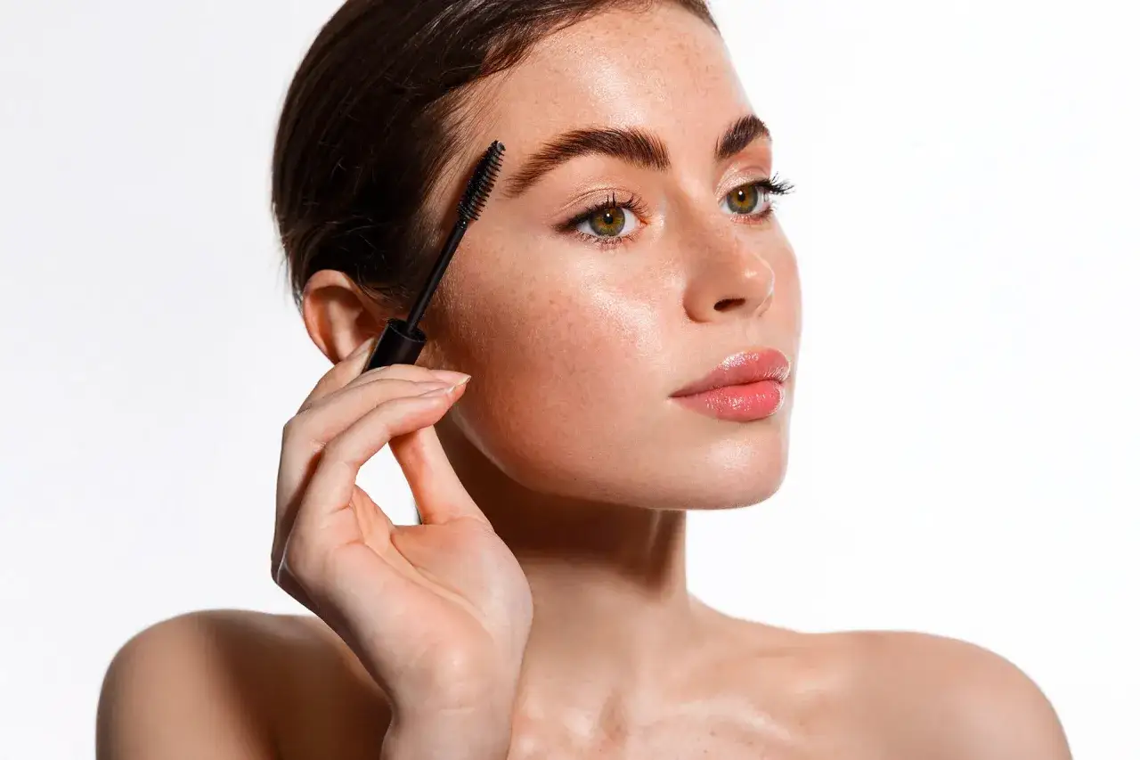 Une femme applique un soin pour sourcils. Le r&eacute;sultat est aussi naturel qu'une dermopigmentation sourcils bien faite.