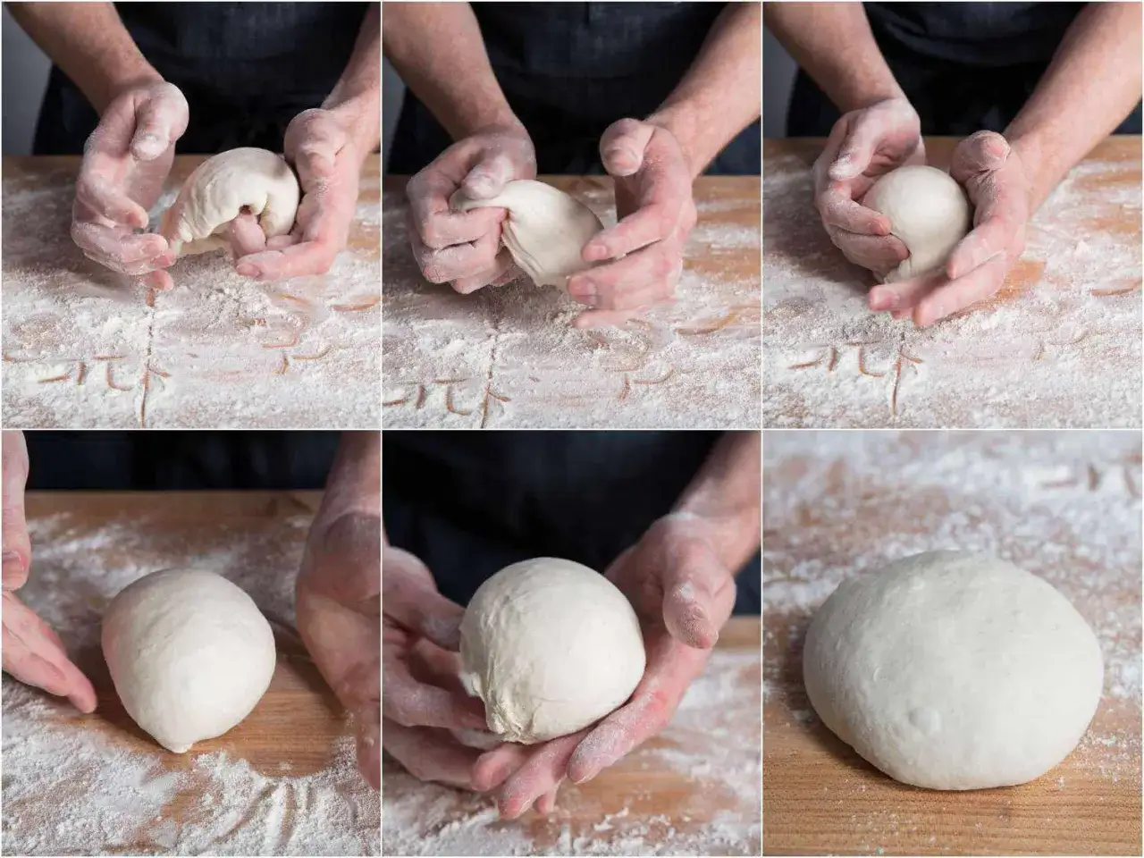Sekwencja zdjęć pokazuje, jak ręcznie formować idealne ciasto do pizzy. Krok po kroku, od grudki do gładkiej kuli, gotowe na Twój przepis na ciasto do pizzy.