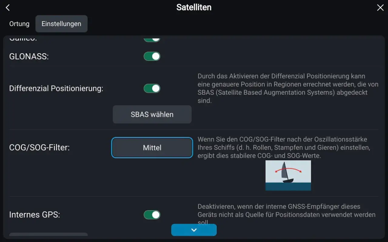 Impostazioni satellitari: GLONASS, posizionamento differenziale e filtro COG/SOG. Il way point è fondamentale per la navigazione.