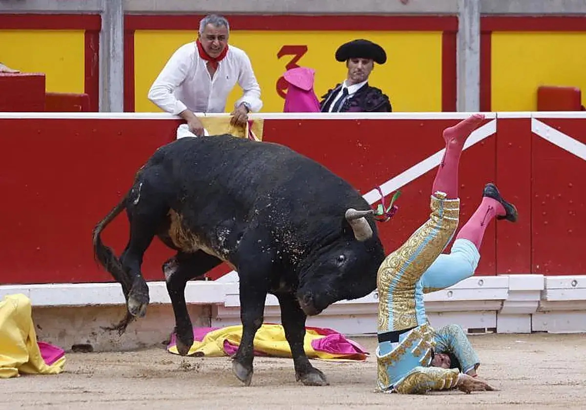 Un torero cae al suelo mientras un toro se acerca. Rub&eacute;n Pinar observa desde la barrera.