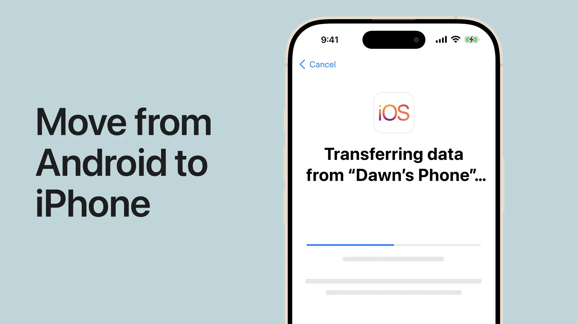 Przejście z Android na iOS. Ekran iPhone'a pokazuje transfer danych z
