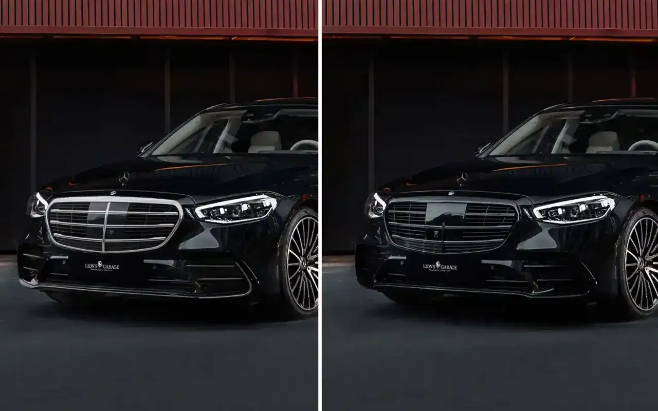 Lśniący czarny Mercedes z idealnym polerowaniem chromu na grillu i felgach.