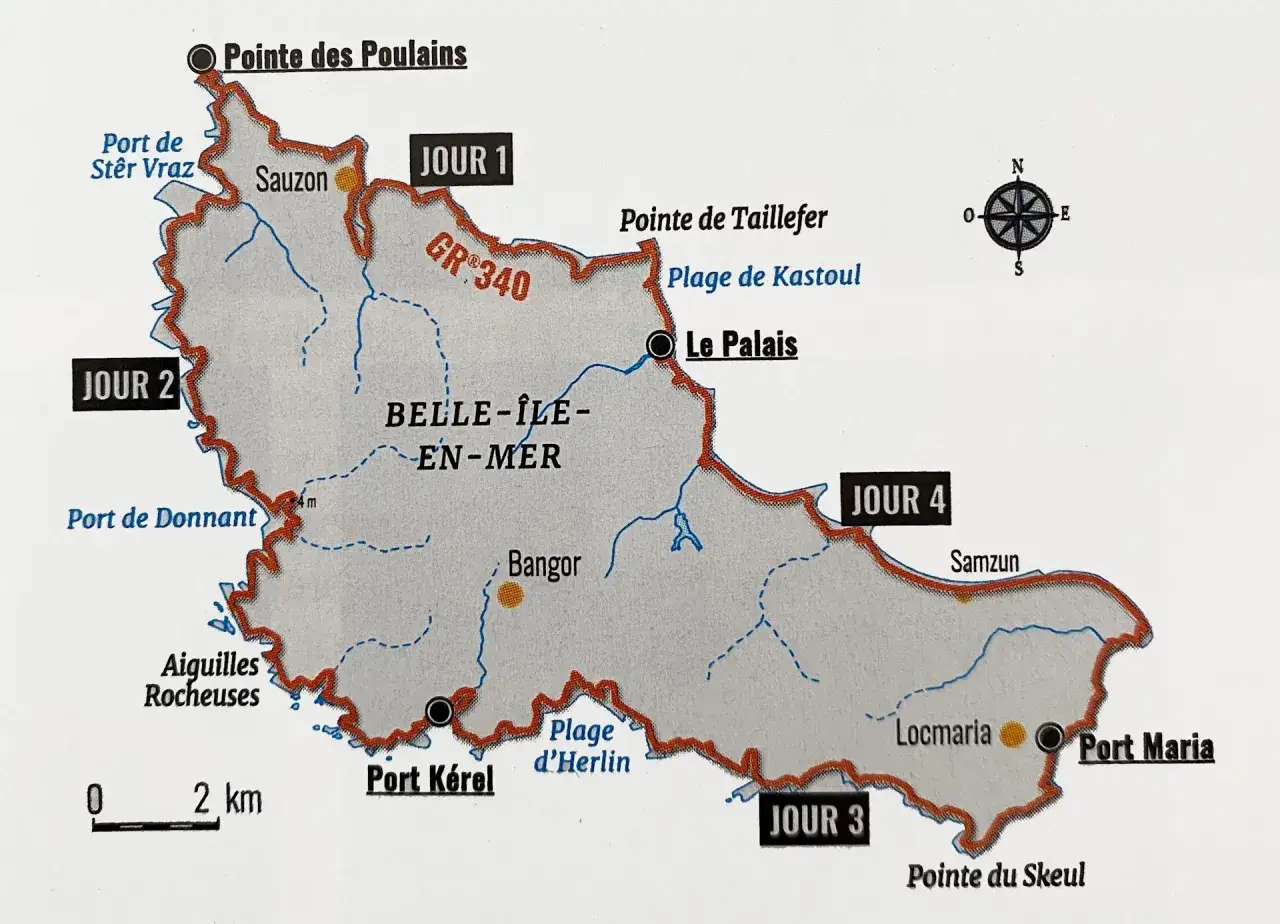 Carte de Belle-&Icirc;le-en-Mer, indiquant les jours de randonn&eacute;e (Jour 1 &agrave; 4), les ports (Sauzon, Le Palais, Port K&eacute;rel, Port Maria), les pointes (Poulains, Taillefer, Skeul) et les plages (Kastoul, Herlin).