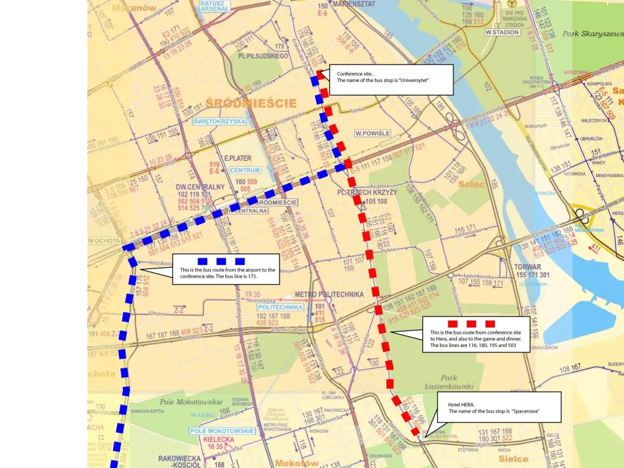 Mapa Warszawy z zaznaczonymi trasami autobusów. Linia 175 biegnie od Dworca Centralnego do centrum konferencyjnego 