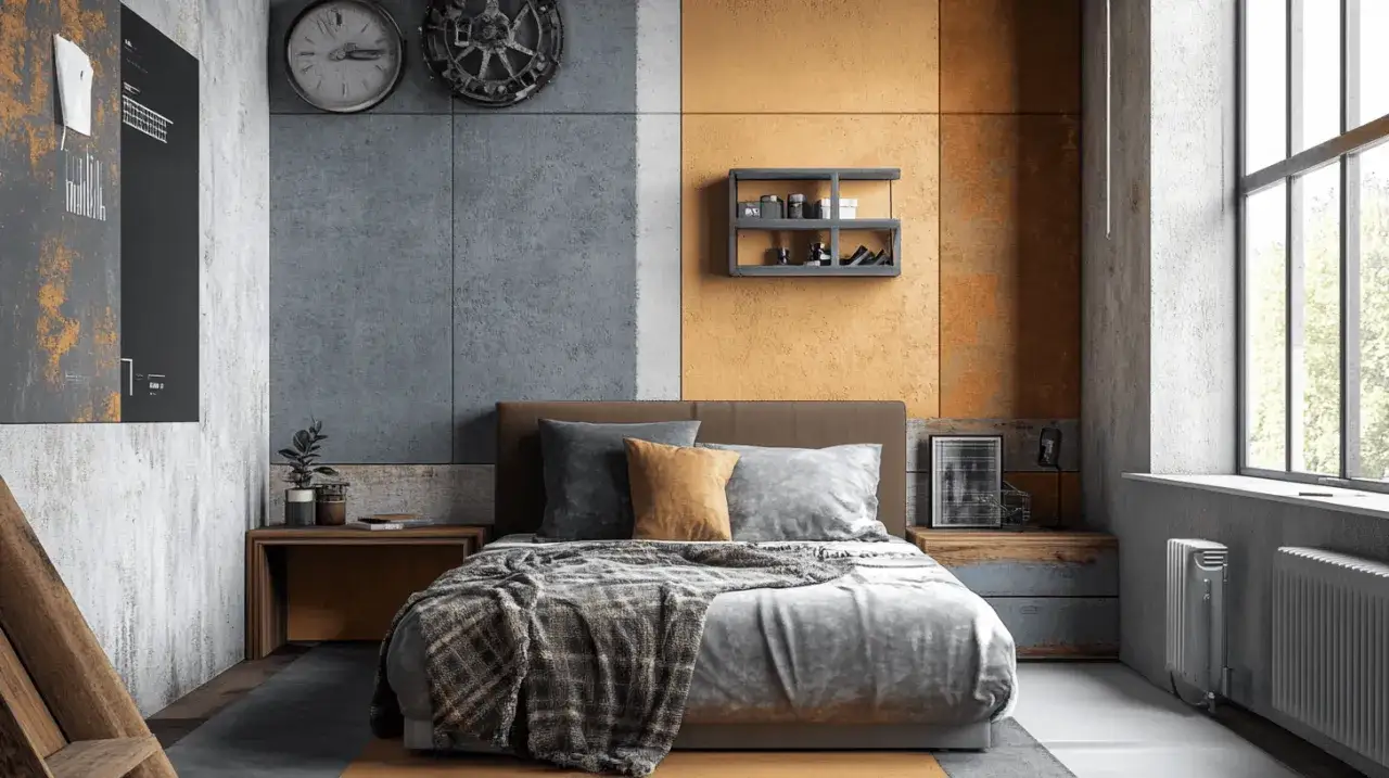 Coole jugendzimmer jungen einrichtungsideen: Ein modernes Schlafzimmer mit industriellem Charme, grau-gelber Wandgestaltung, einem Bett mit karierter Decke und einem gro&szlig;en Fenster.