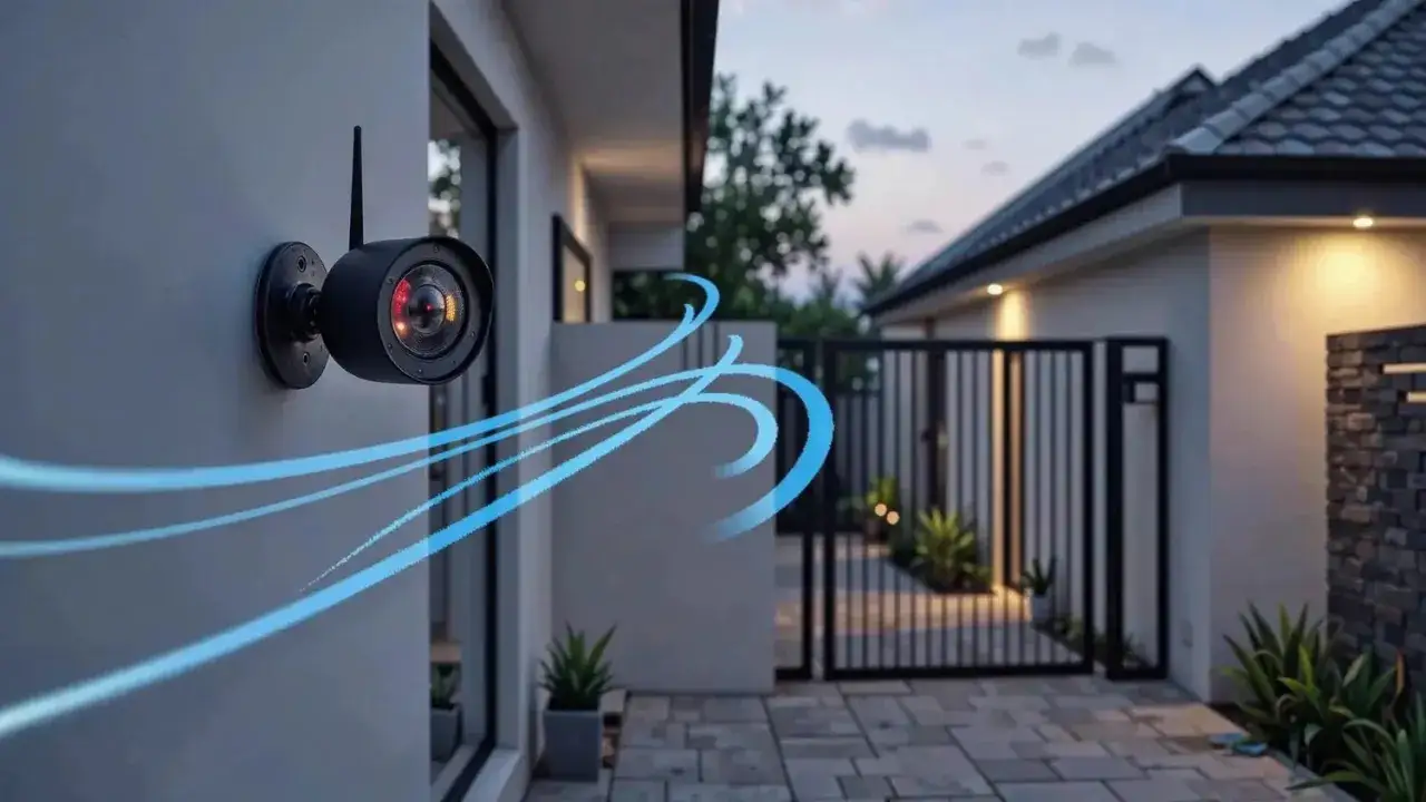 Ce type de caméra de surveillance extérieur, fixé au mur, surveille la propriété avec des ondes bleues symbolisant sa portée.