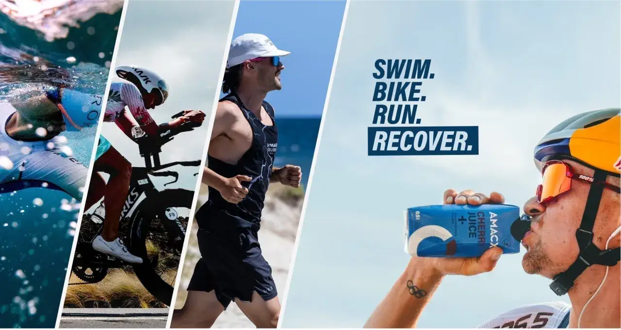 Triathlon meal plan: Swim, bike, run, recover. Athlete drinks cherry juice after intense training.