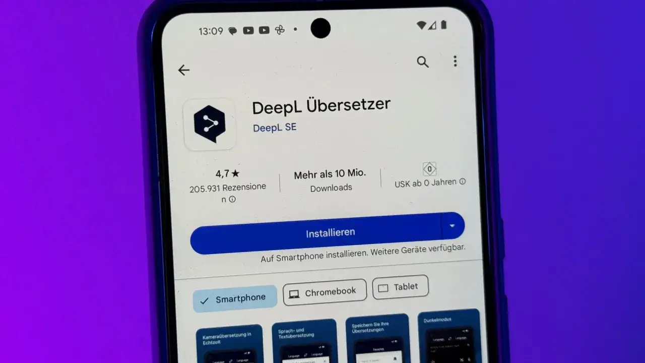 Ekran telefonu z aplikacją DeepL Übersetzer. Ponad 10 milionów pobrań, ocena 4,7.