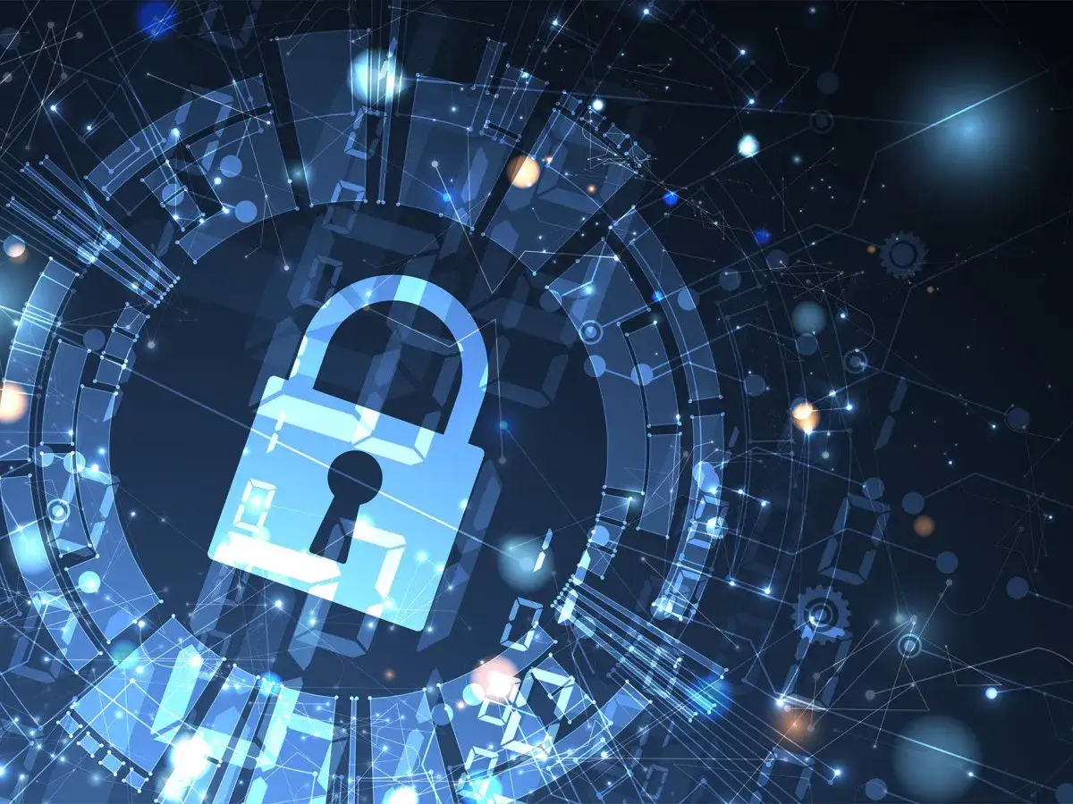 A glowing blue padlock symbolizes secure network infrastructure solutions, set against a backdrop of digital circuits and data streams.