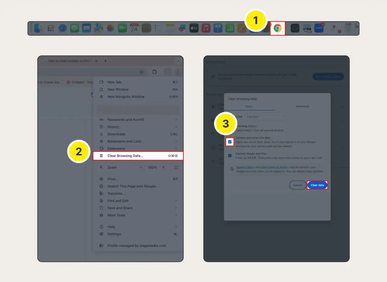 Usuwanie danych przeglądania, w tym plików cache, w przeglądarce Chrome.