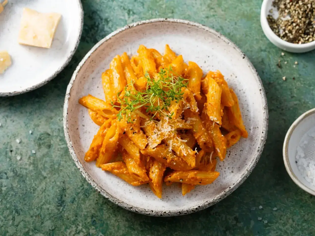 Penne z aromatycznym, czerwonym pesto, posypane parmezanem i świeżymi ziołami. Idealne danie dla miłośników włoskich smaków.