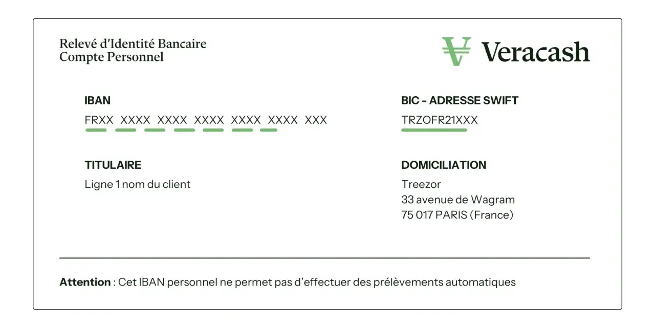 Relevé d'identité bancaire Veracash avec IBAN et BIC. L'adresse de domiciliation est à Paris, France. Ce RIB n'est pas utilisable pour des prélèvements automatiques.