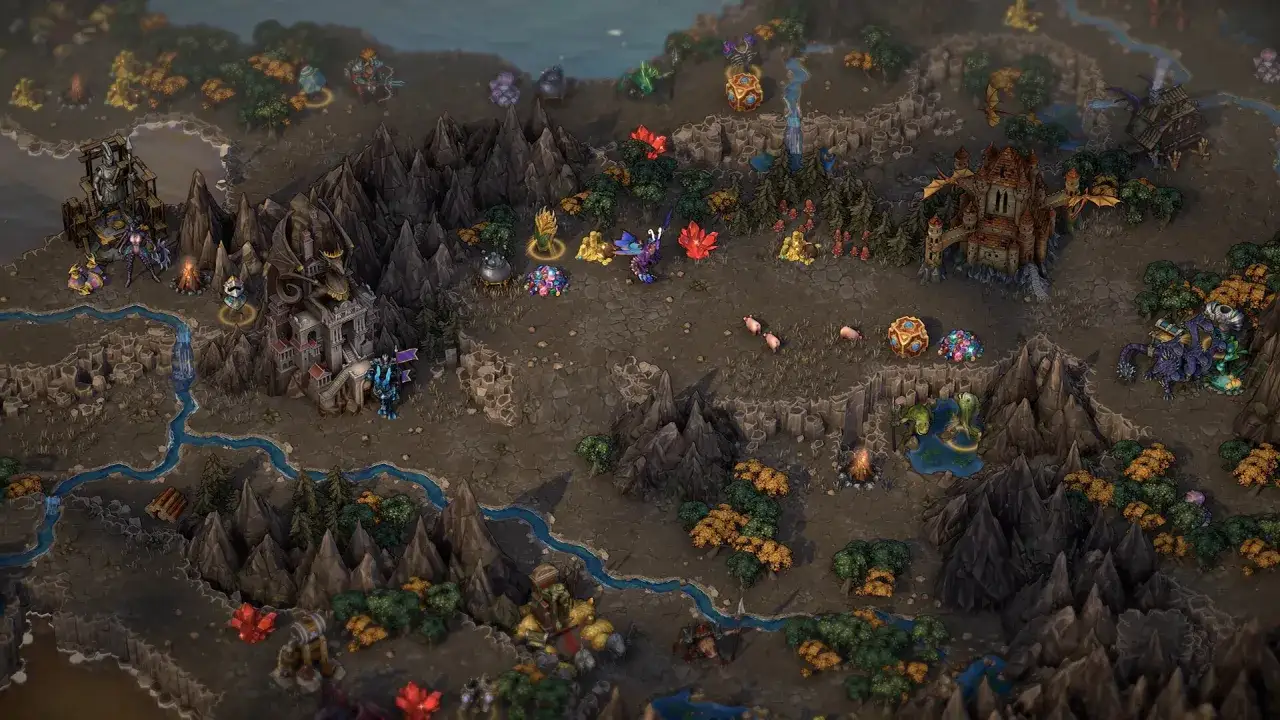 Mapa strategiczna z elementami might and magic: zamki, smoki, potwory i kryształy.