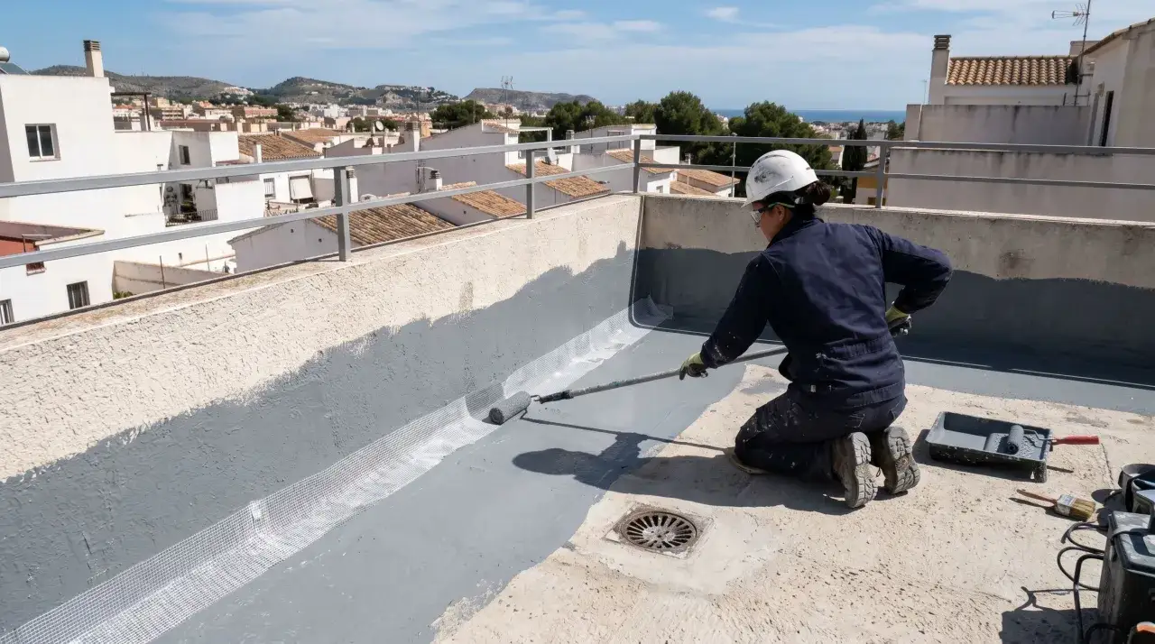 Persona aplica impermeabilizante para terrazas con rodillo en un día soleado, protegiendo la superficie.