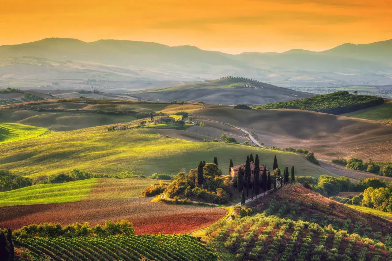 Dolci colline di Firenze baciate dal sole al tramonto, con un casale solitario e filari di cipressi.