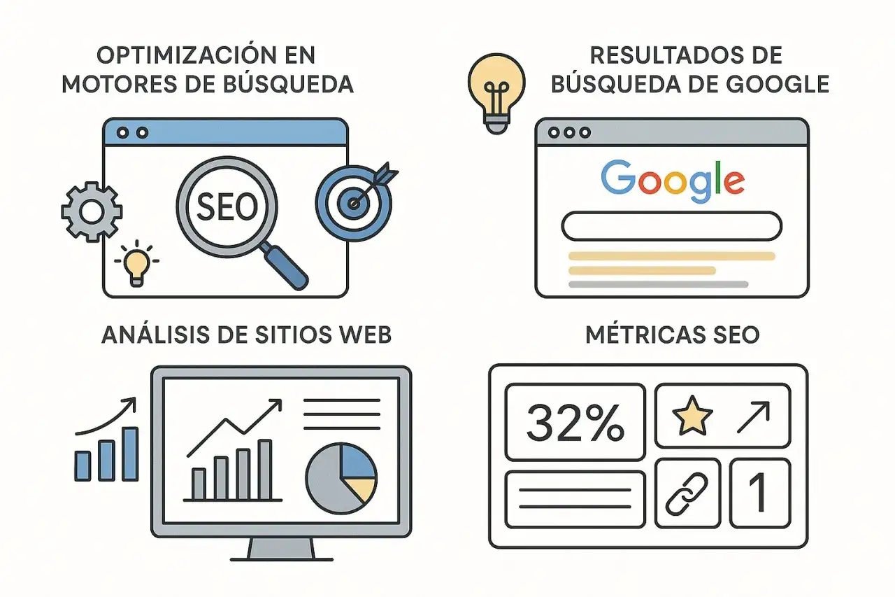 Ilustraci&oacute;n sobre c&oacute;mo aprender SEO gratis: optimizaci&oacute;n, an&aacute;lisis web, resultados de Google y m&eacute;tricas.