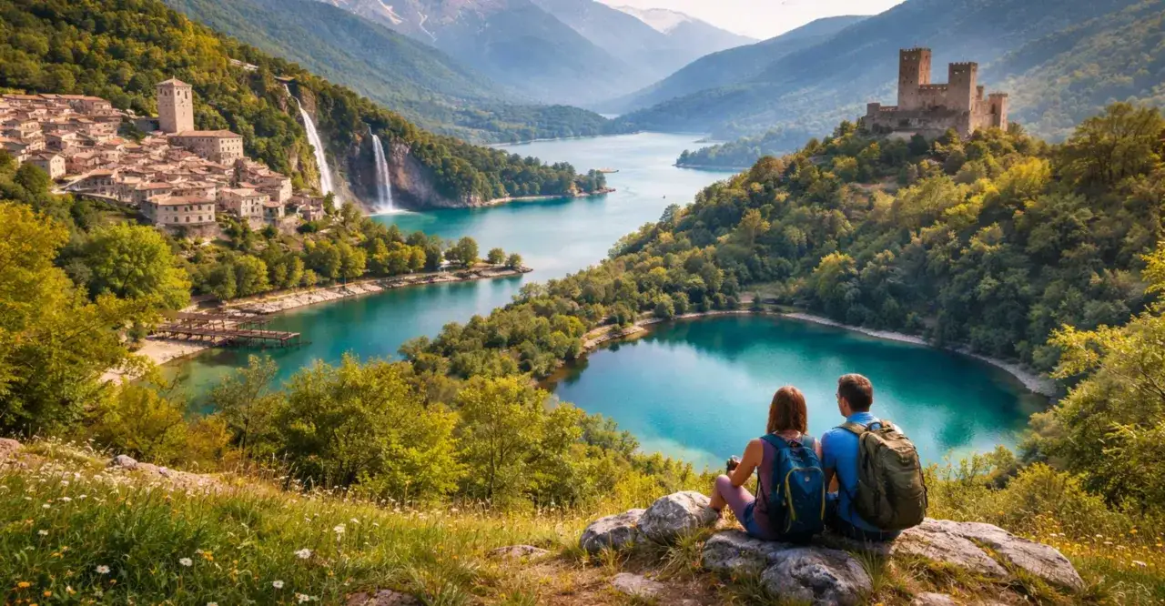 Coppia ammira un lago turchese con cascata e borgo medievale. Perfetto per scoprire dove andare a Pasquetta in Abruzzo.