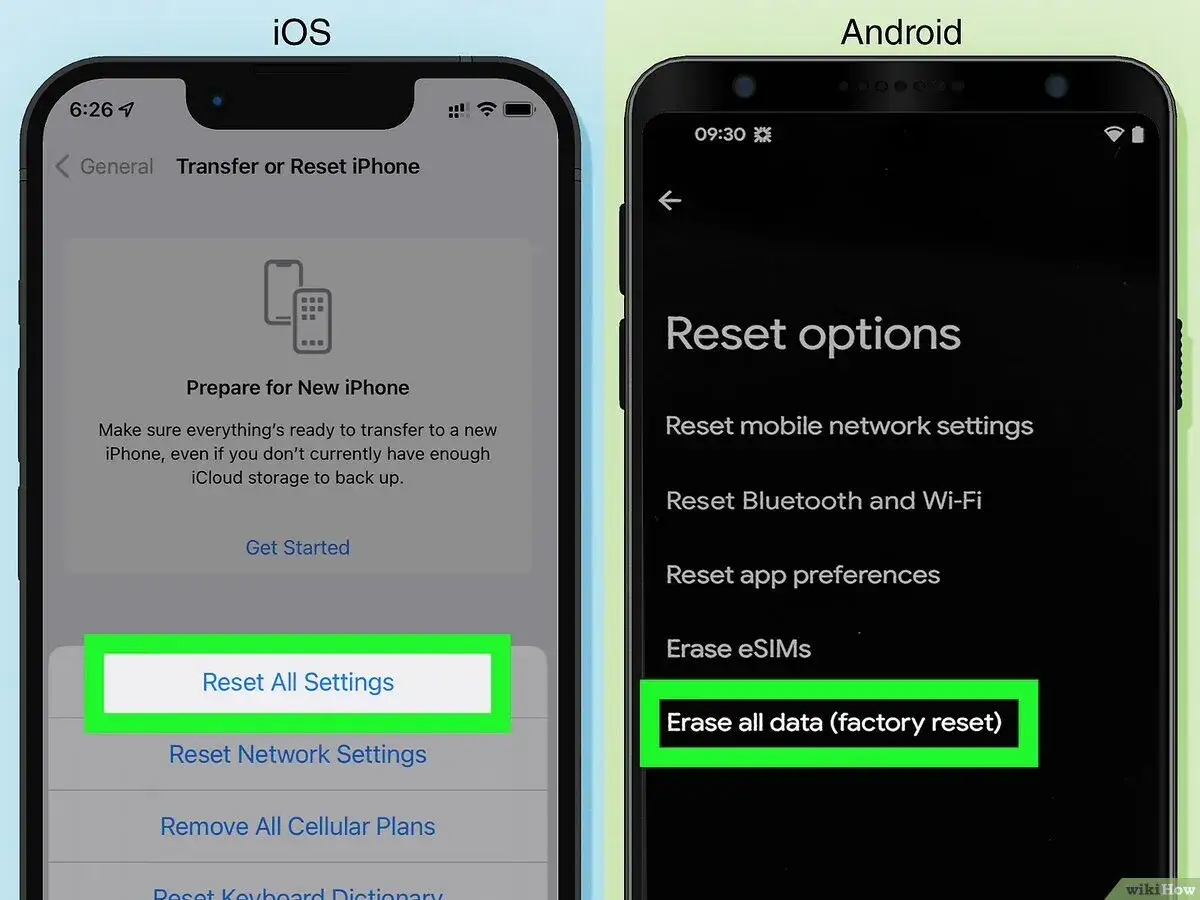 Pantallas de iPhone y Android mostrando opciones de reinicio. El iPhone muestra