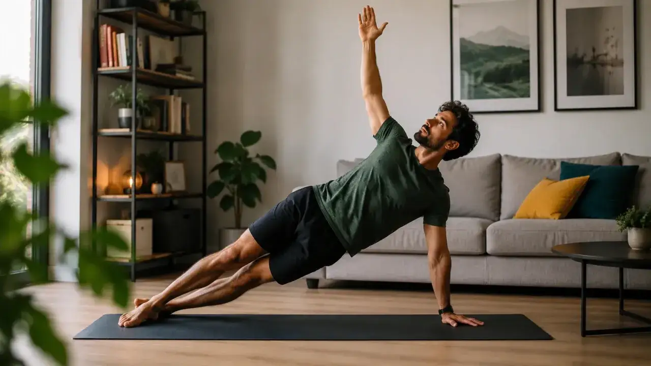Un homme fait la planche lat&eacute;rale sur un tapis, un exercice qu'il aime faire du yoga tous les jours pour rester en forme.