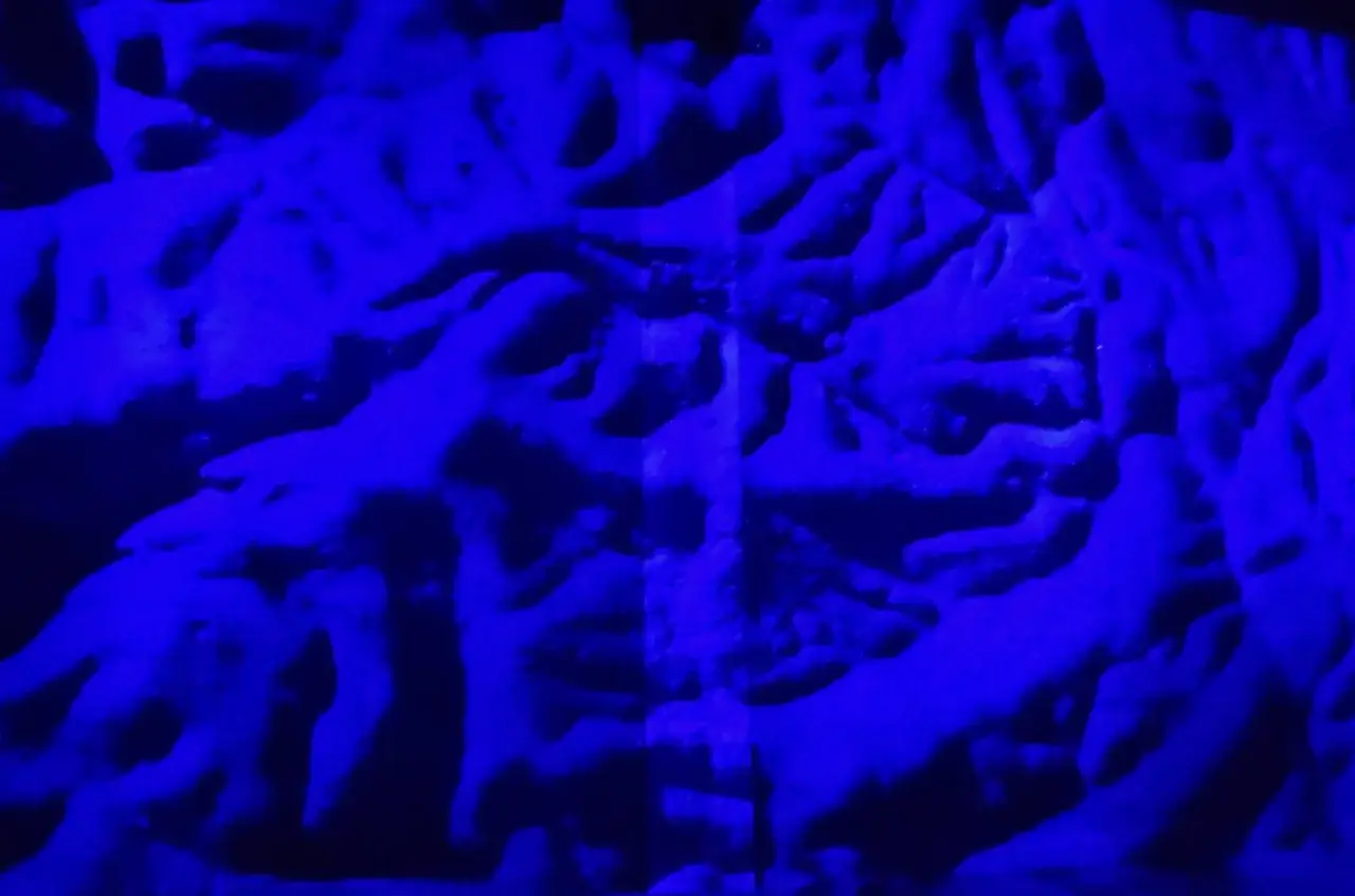Abstraction bleue intense, évoquant les formes organiques d'un paysage minéral, comme une œuvre de **klein peintre**.