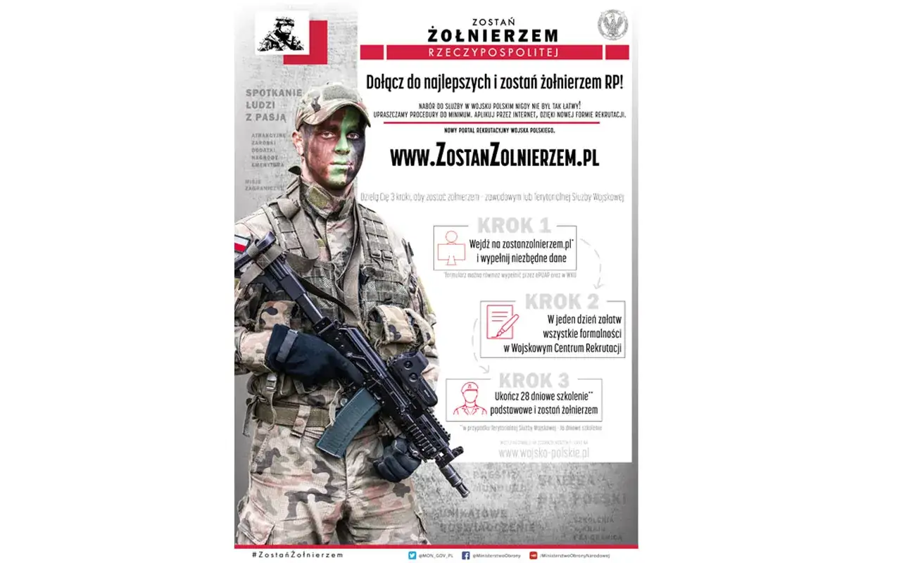 Żołnierz z kamuflażem na twarzy zachęca do wstąpienia do wojska. Czy w wieku 40 lat można iść do wojska? Tak, proces rekrutacji jest prosty!