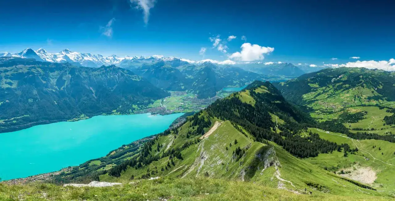 Atemberaubende Aussicht auf das Berner Oberland mit t&uuml;rkisfarbenem See, schneebedeckten Gipfeln und gr&uuml;nen T&auml;lern.