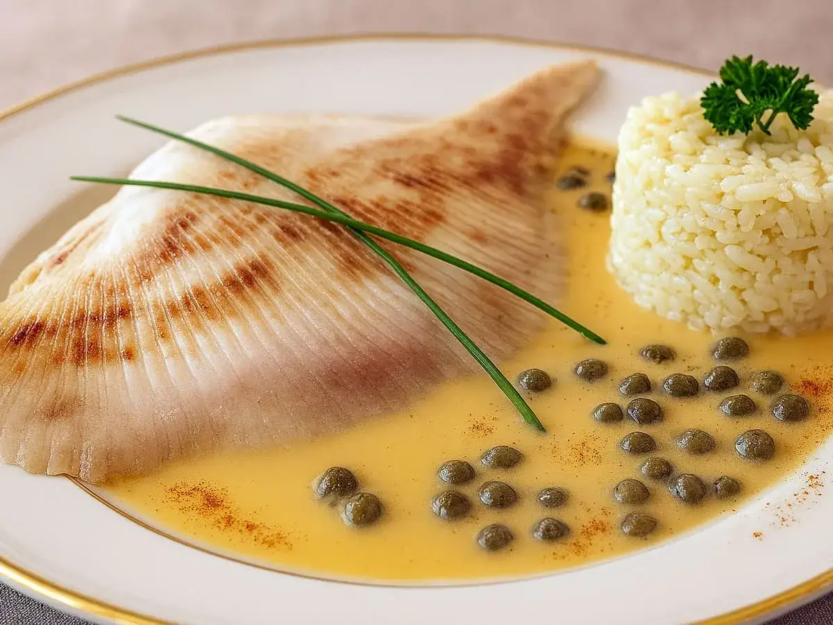 Une aile de raie poêlée, nappée d'une sauce onctueuse aux câpres, accompagnée d'un dôme de riz et d'une touche de persil.