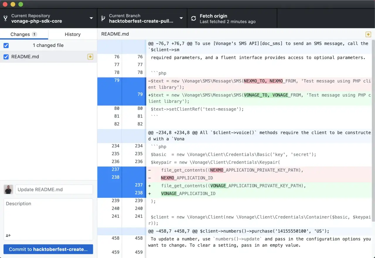 Zmiany w pliku README.md, pokazujące jak działa github. To repozytorium to vonage-php-sdk-core.