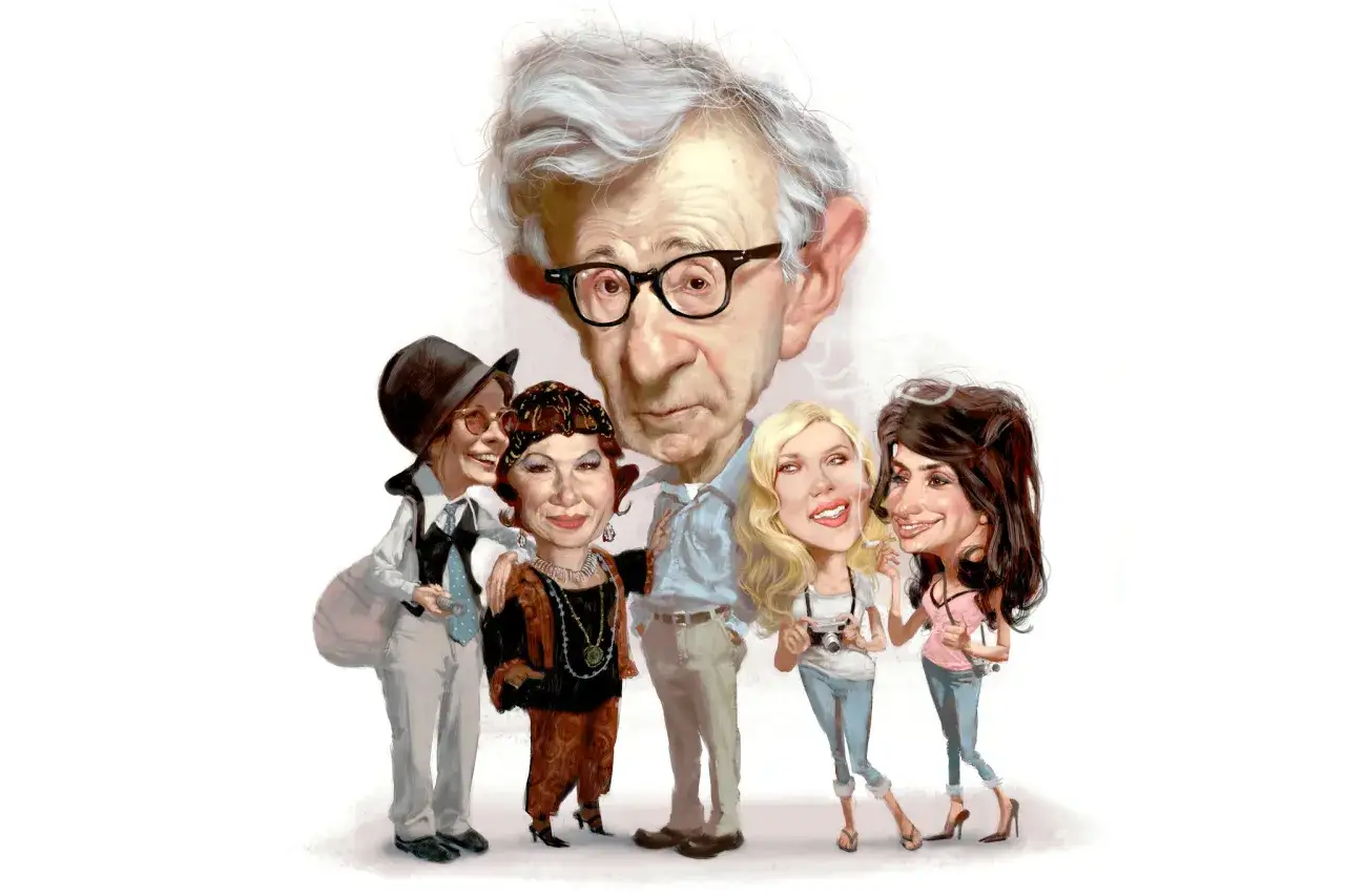 Karikatyr av Woody Allen med sk&aring;despelerskor fr&aring;n hans filmer. En hyllning till filmer med Woody Allen.