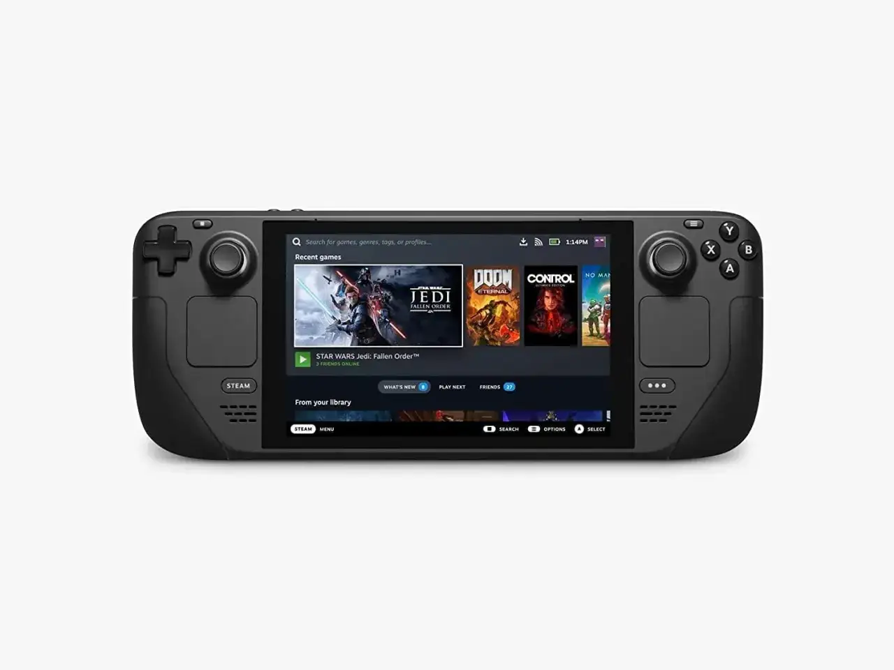 Konsola Steam Deck z ekranem wyświetlającym menu gier, w tym Star Wars Jedi: Fallen Order. Idealna do mobilnego grania w ulubione gry.