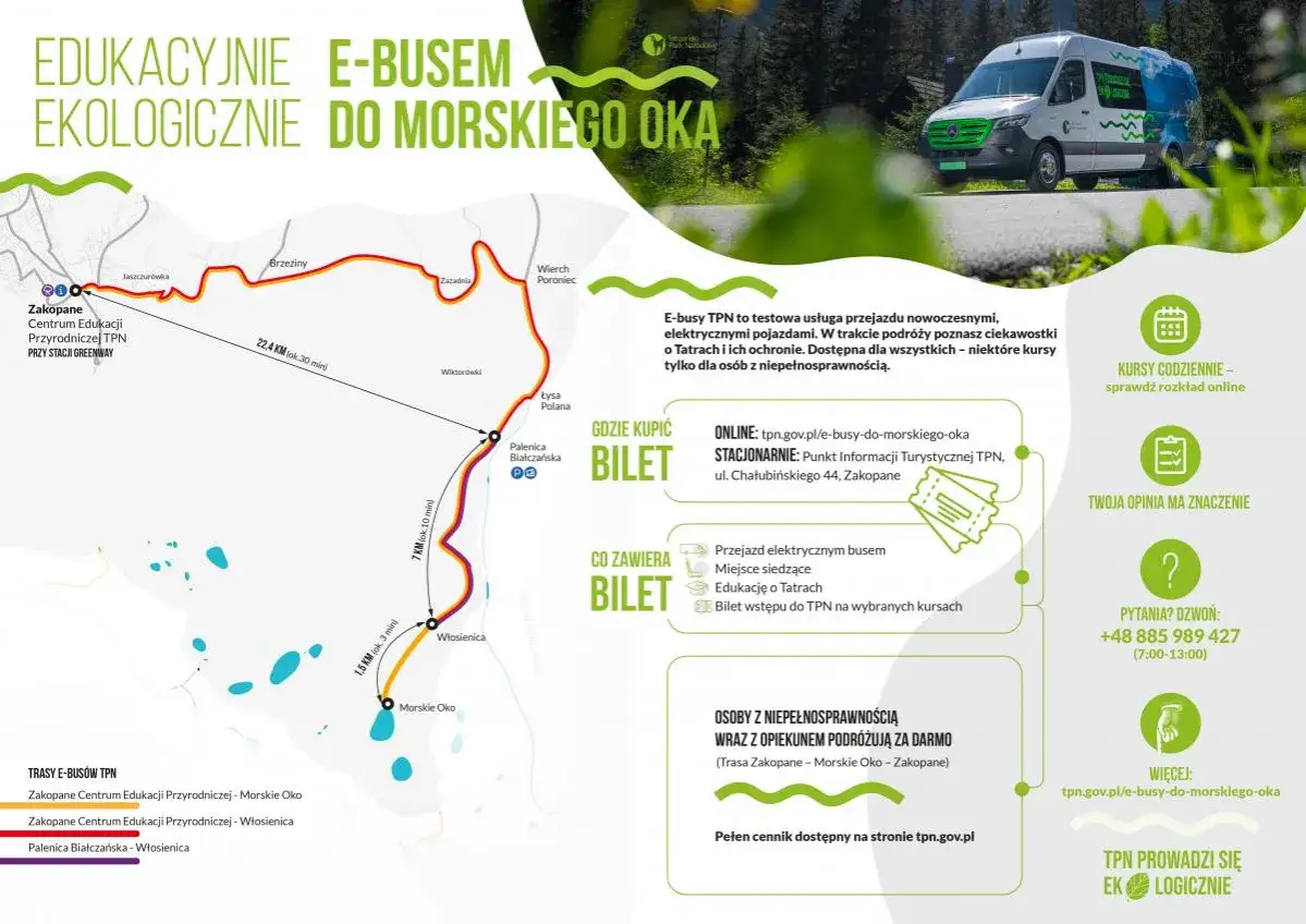 E-busy TPN: ekologiczny transport do Morskiego Oka. Poznaj Tatry i ich ochronę. Kursy dla wszystkich, także dla osób z niepełnosprawnością.