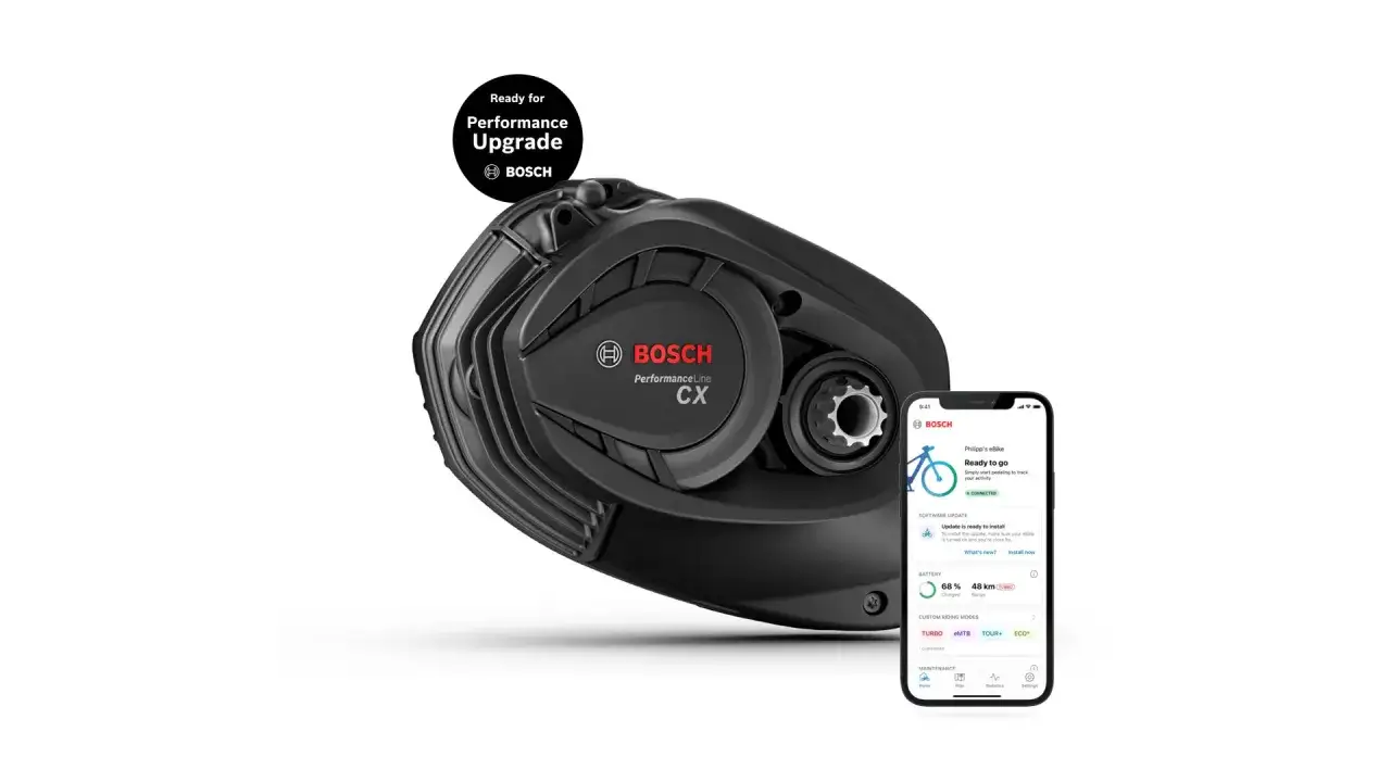 Silnik Bosch Performance CX Gen 5 do e-bike'a i aplikacja na smartfonie pokazująca stan baterii i tryby jazdy.