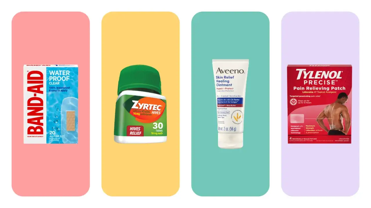 Plastry przeciwbólowe Tylenol Precise, maść Aveeno, tabletki Zyrtec i plastry wodoodporne Band-Aid.