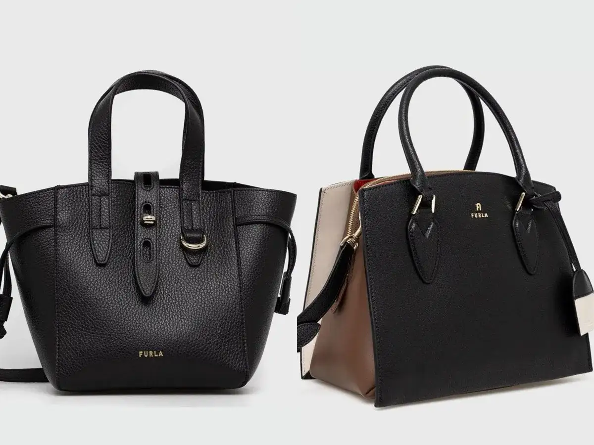 Dwie eleganckie czarne torebki. Po lewej mała, z ozdobnym zapięciem. Po prawej większa, dwukolorowa, z logo Furla.