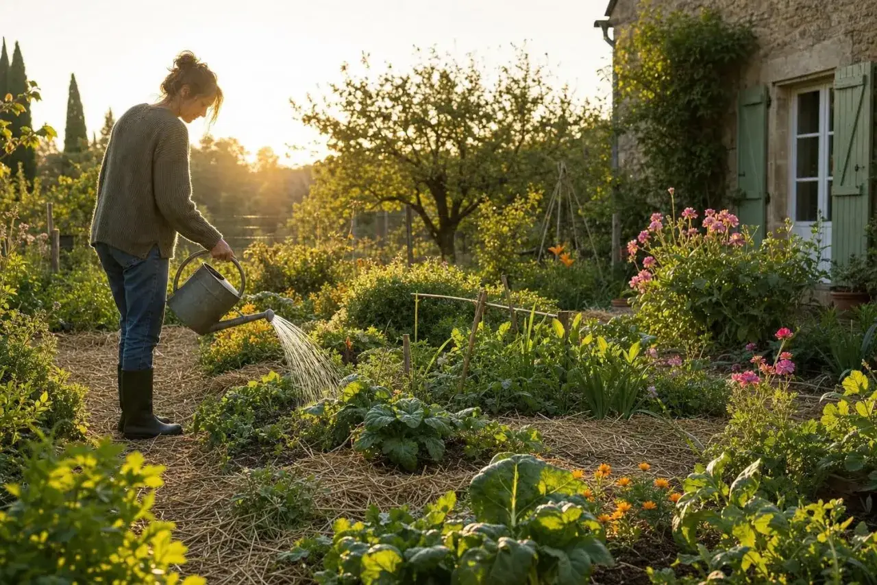 Une femme arrose son potager au coucher du soleil. Une astuce pour arroser les tomates : privil&eacute;giez un arrosage au pied pour &eacute;viter les maladies.
