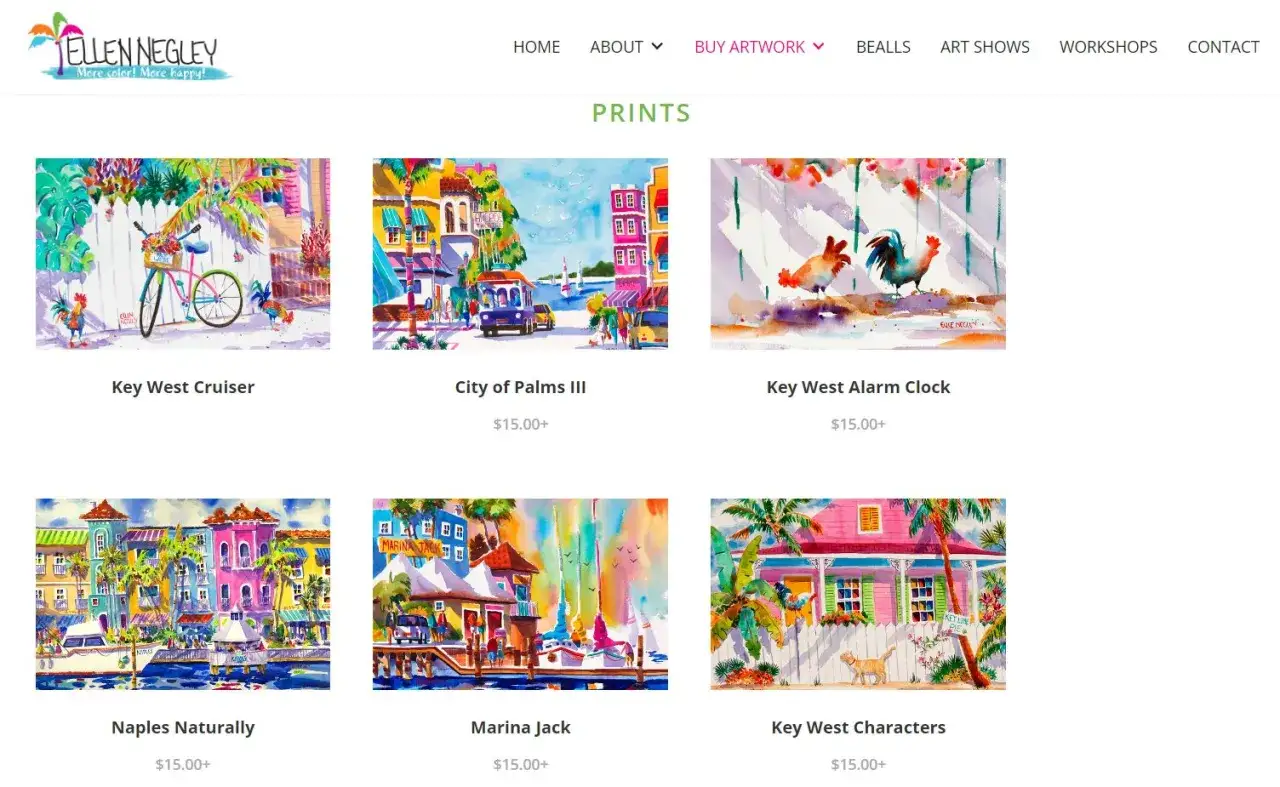 Watercolor prints of colorful scenes like Key West Cruiser and City of Palms III. Discover free websites for artists to showcase their work.