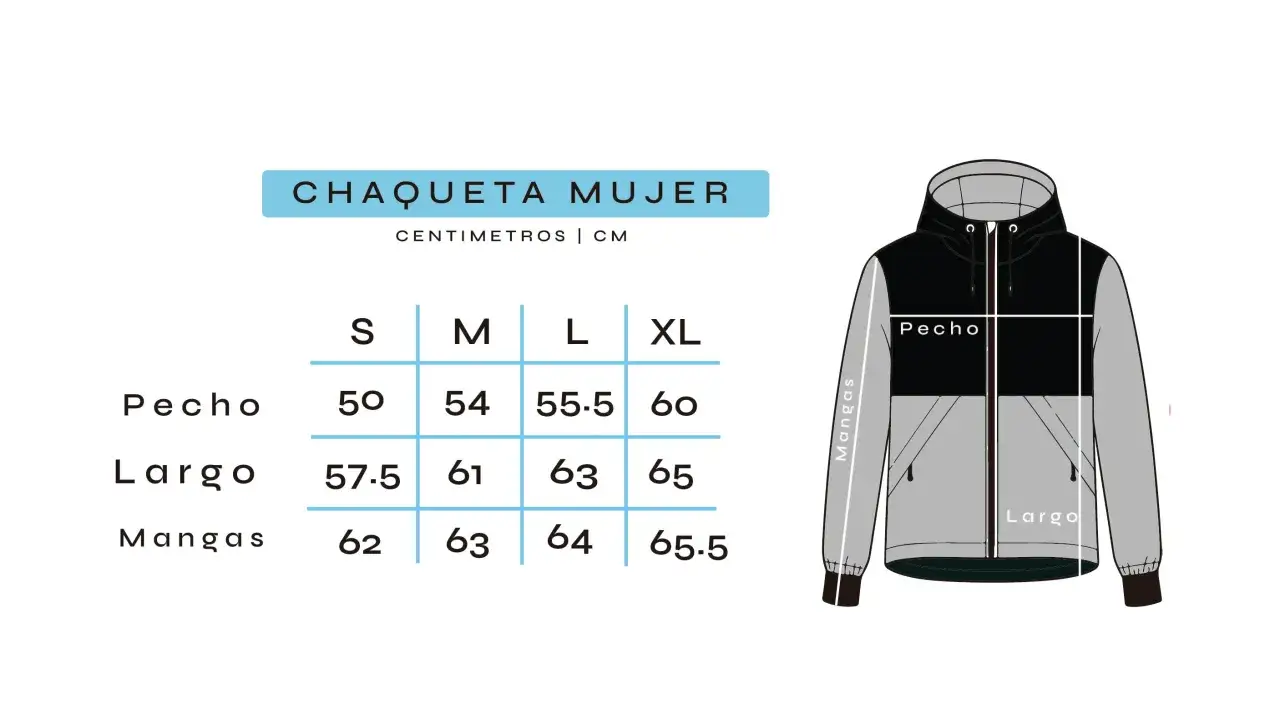 Guía de tallas de chaquetas mujer: medidas de pecho, largo y mangas en cm para tallas S, M, L, XL.