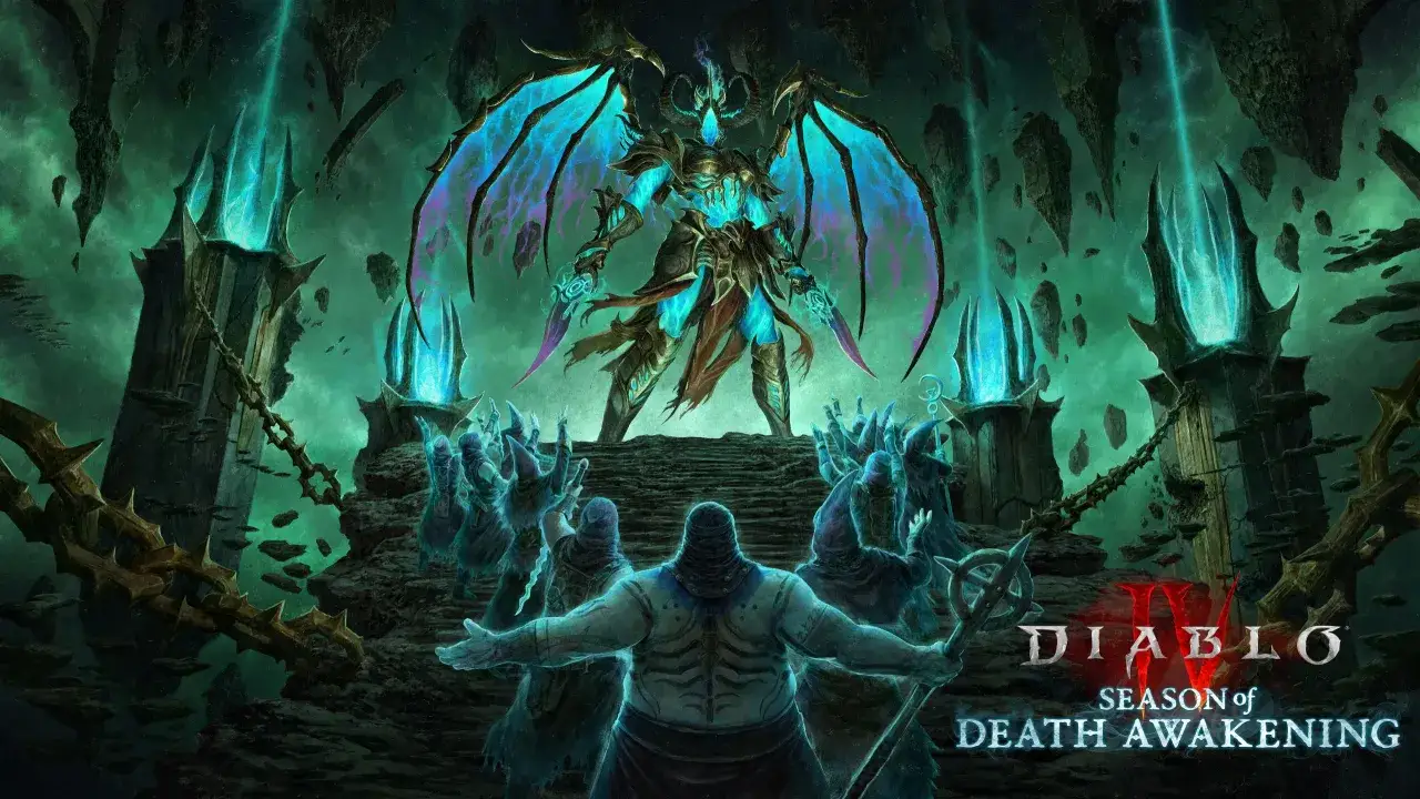 Diablo 4 nowy sezon: Mroczny demon ze skrzydłami góruje nad grupą postaci w ponurym, zielonym krajobrazie.