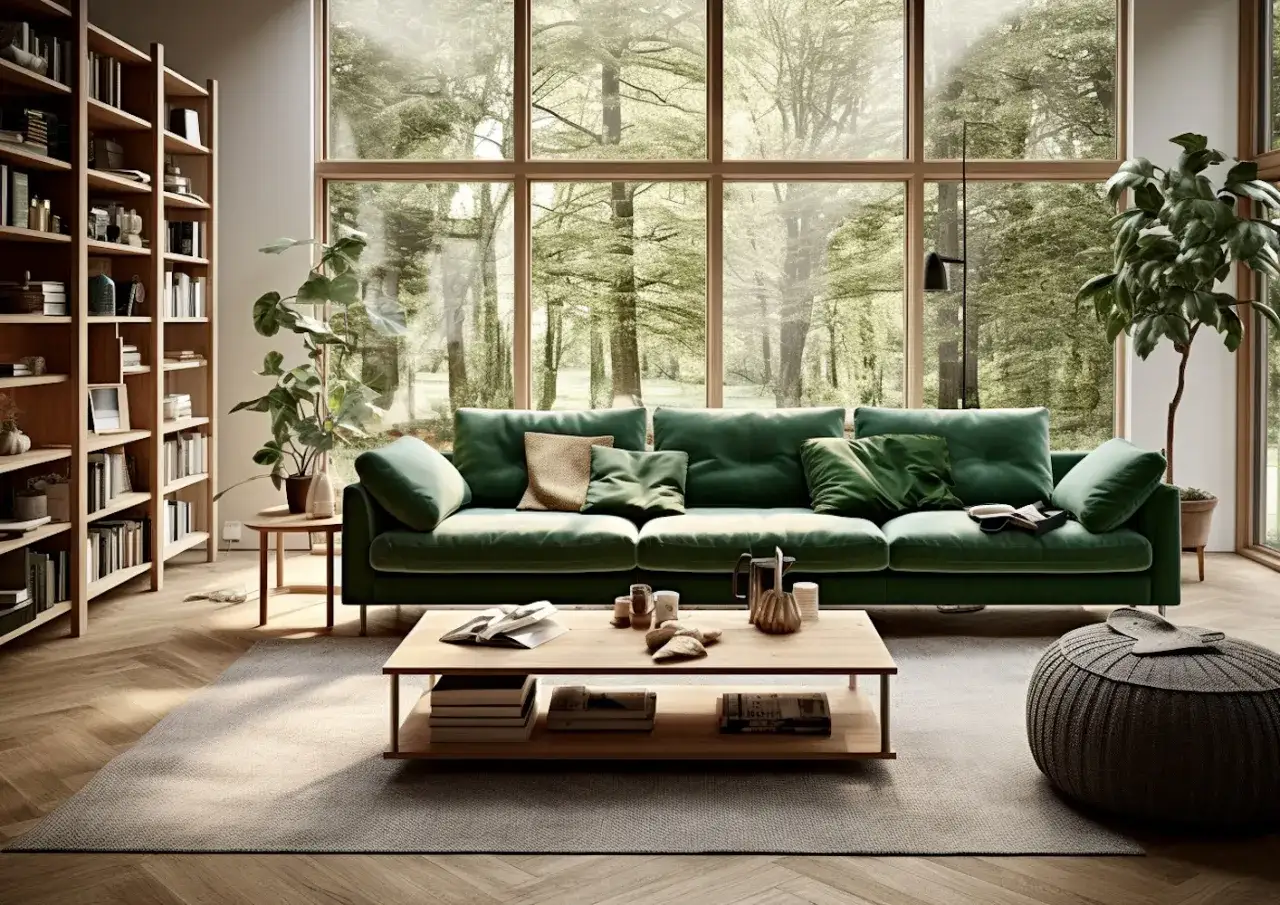 Canap&eacute; vert sapin pantone, entour&eacute; de verdure luxuriante &agrave; travers une grande fen&ecirc;tre. Une biblioth&egrave;que en bois et une table basse compl&egrave;tent ce salon paisible.