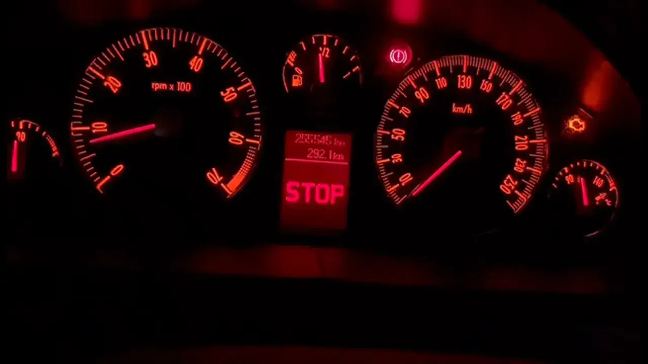 Deska rozdzielcza Peugeot 407 z czerwonym podświetleniem. Wyświetlacz pokazuje 