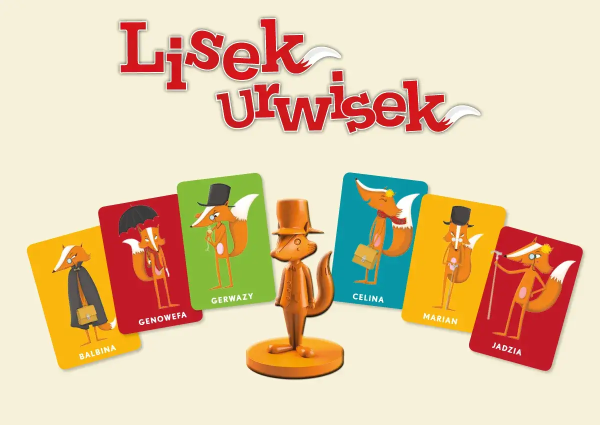 Lisek Urwisek gra! Zestaw kart z postaciami lisów w eleganckich strojach i figurka lisa w cylindrze.