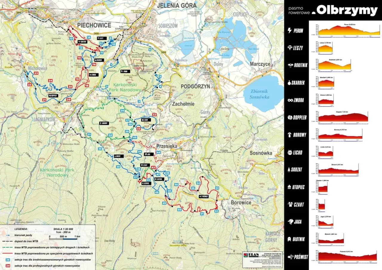 Mapa tras rowerowych w Karkonoszach, ukazująca single track w Polsce i profile wysokościowe.