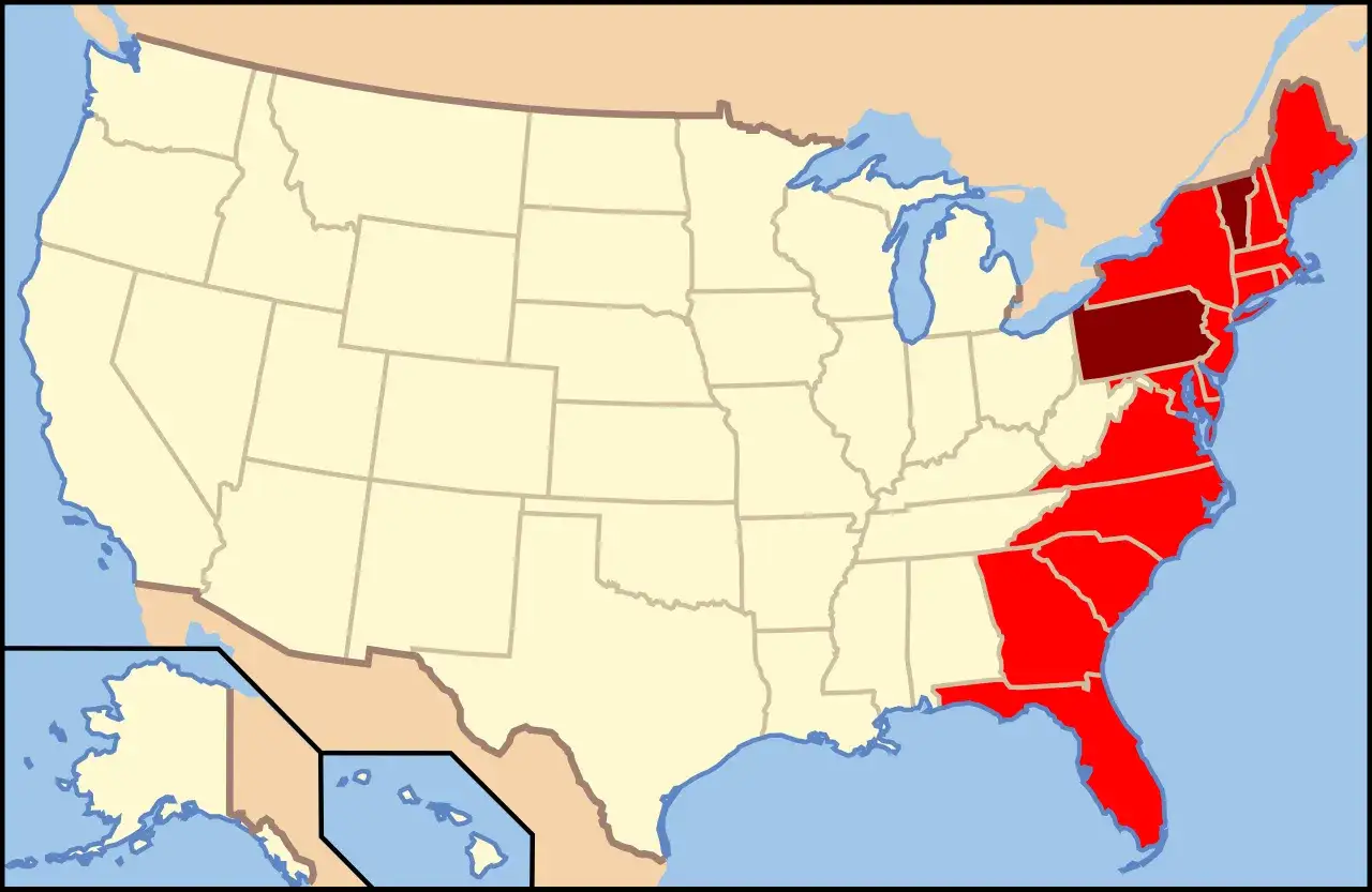 Mapa USA z zaznaczonymi stanami wschodniego wybrzeża. Gdzie jest Nowy Jork? Jest wśród czerwonych stanów, obok Pensylwanii.