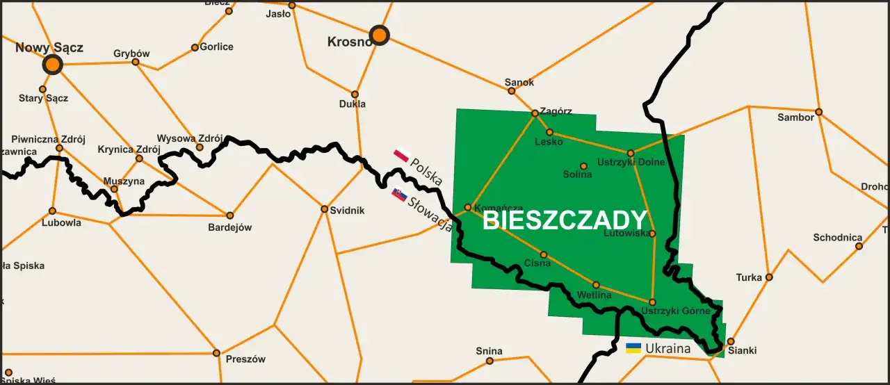 Mapa drogowa Bieszczad i okolicznych miast. Zaznaczono główne miejscowości jak Krosno, Sanok, Ustrzyki Dolne, Wetlina.