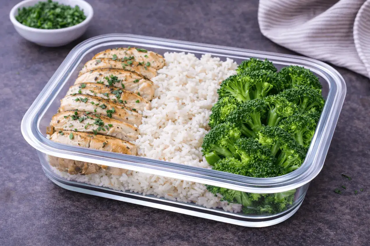 Meal prep Behälter mit Hähnchenbruststreifen, Reis und Brokkoli. Perfekt für gesunde Mahlzeiten.