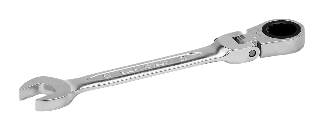Llave combinada carraca de metal plateado, con cabeza giratoria y marca Bahco.