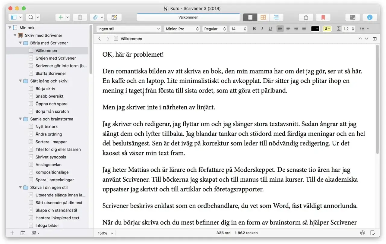 Scrivener svenska: en kursbok i hur du anv&auml;nder programmet f&ouml;r att skriva, redigera och organisera dina texter.