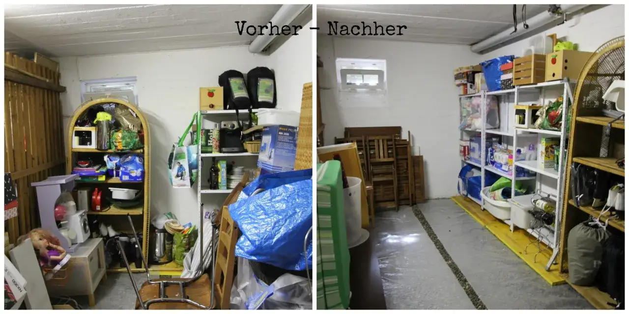 Vorher-Nachher-Vergleich: Unordentlicher Keller wird aufger&auml;umt. Eine Keller ausmisten Checkliste hilft, Ordnung zu schaffen.